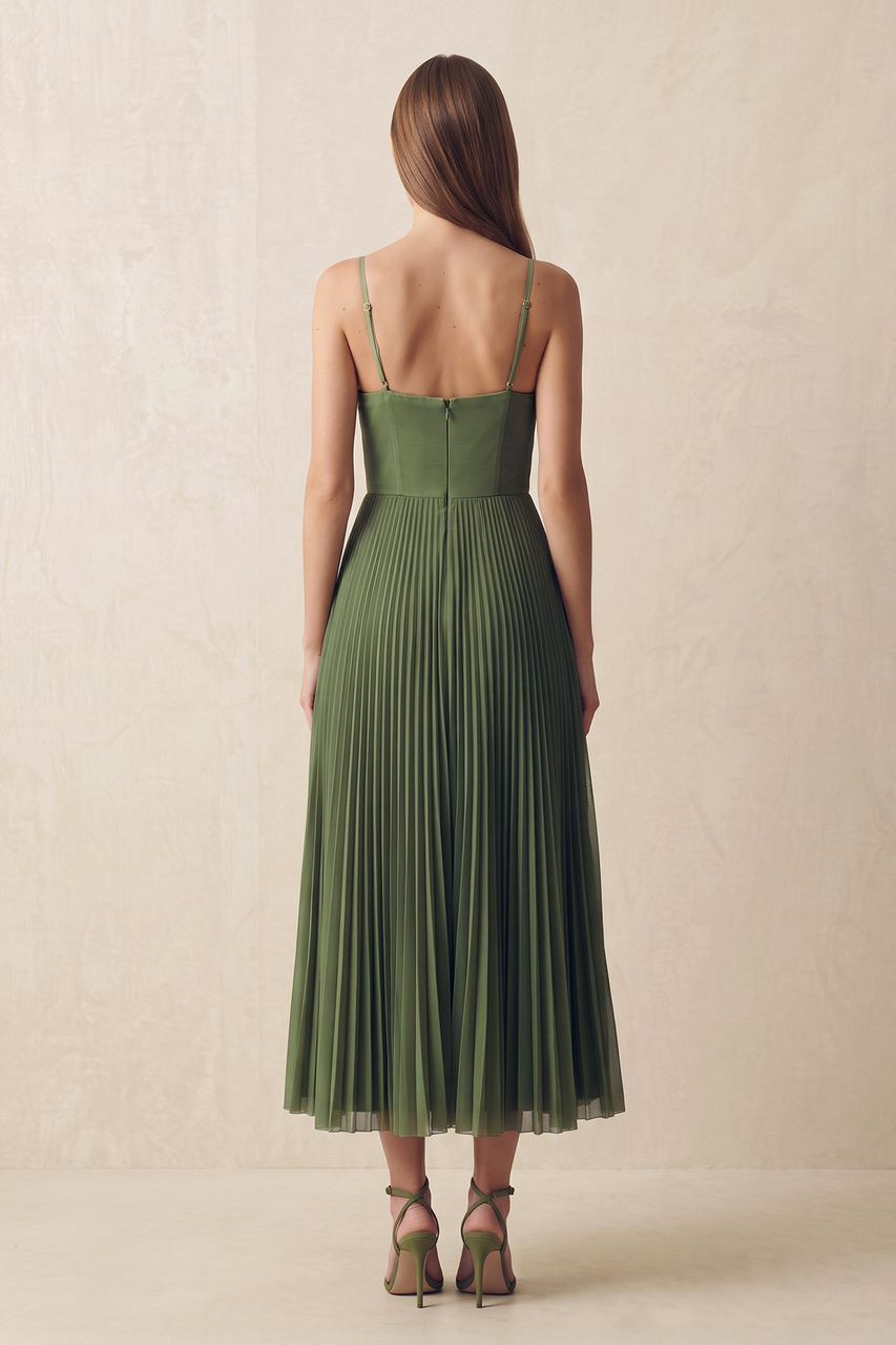 Pleated Spaghetti Straps Corset Wedding Guest Dress in Olive