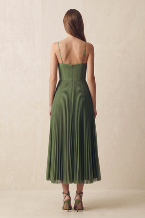 Olive Spaghetti Straps Pleated A-Line Tulle Midi Wedding Guest Dress (2) | KISSBRIDAL