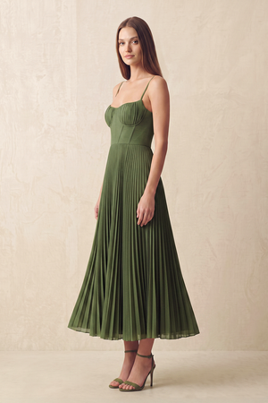 Olive Spaghetti Straps Pleated A-Line Tulle Midi Wedding Guest Dress (3) | KISSBRIDAL