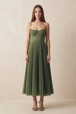 Olive Spaghetti Straps Pleated A-Line Tulle Midi Wedding Guest Dress | KISSBRIDAL