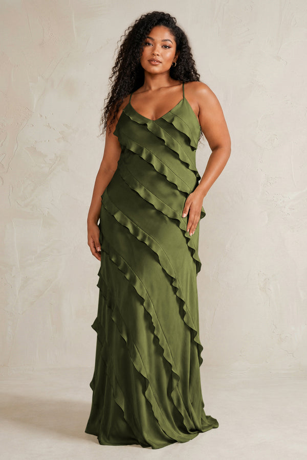 Olive Spaghetti Straps Sheath Stain Ruffled Bridesmaid Dress (3) | KISSBRIDAL[sizeplus]