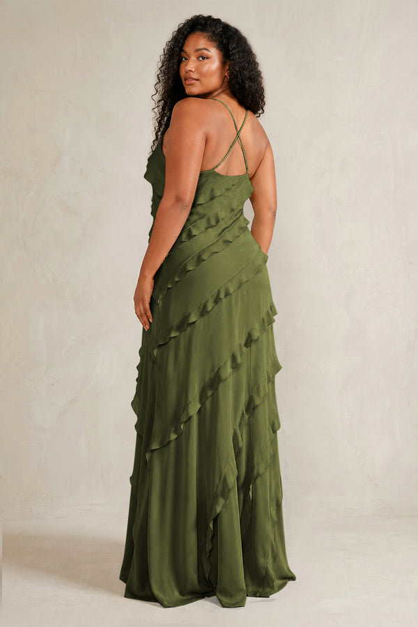 Olive Spaghetti Straps Sheath Stain Ruffled Bridesmaid Dress (4) | KISSBRIDAL[sizeplus]