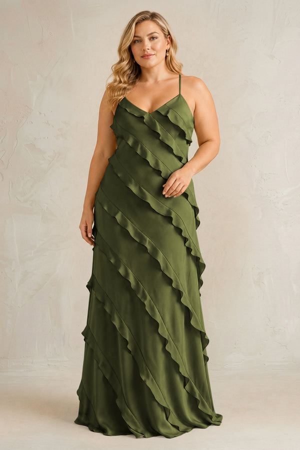 Olive Spaghetti Straps Sheath Stain Ruffled Bridesmaid Dress | KISSBRIDAL[sizeplus]
