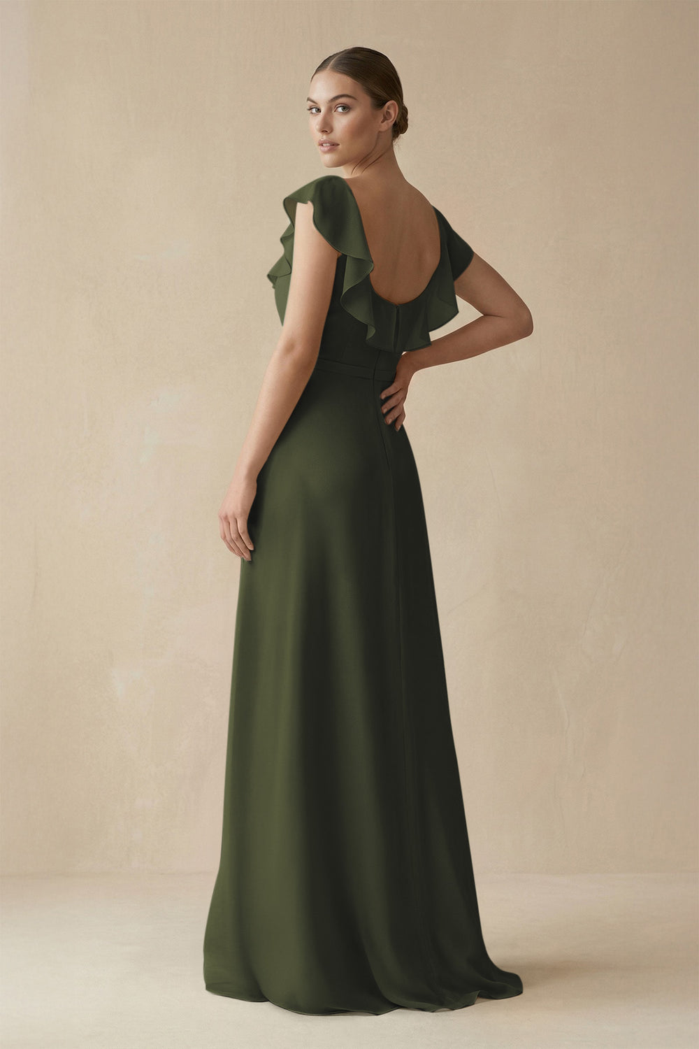 Square Neck A-Line Bridesmaid Dress with Ruffles in Olive