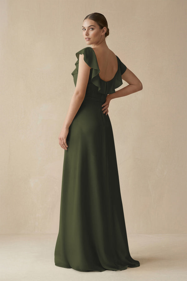 Olive Square Neck A-Line Bridesmaid Dress with Ruffles (2) | KISSBRIDAL