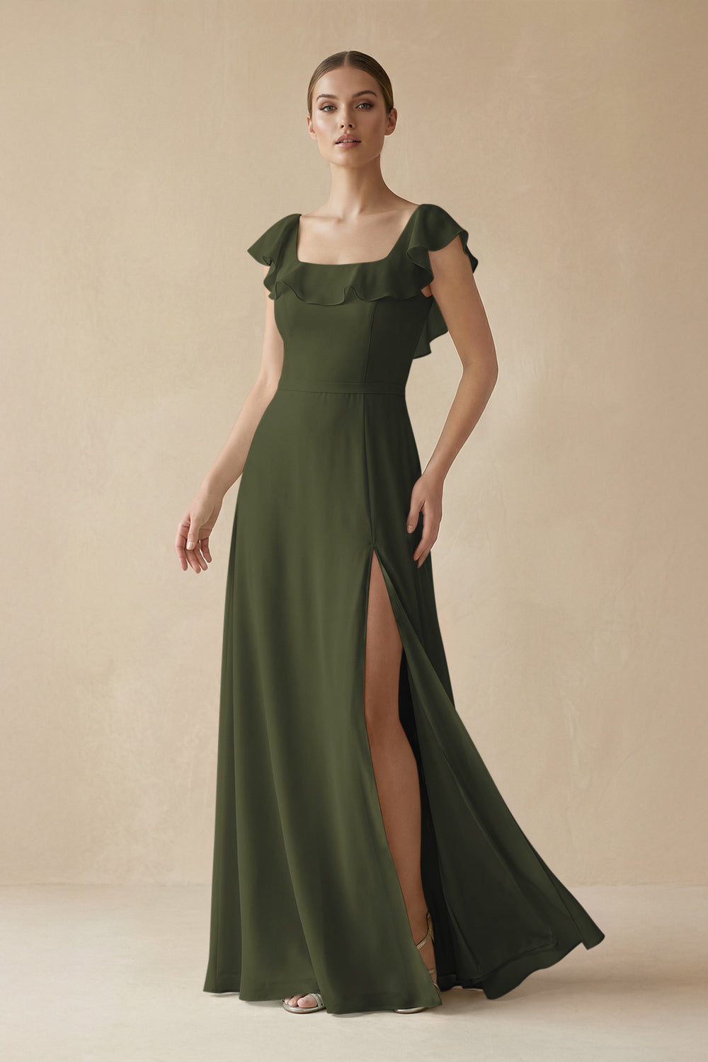 Square Neck A-Line Bridesmaid Dress with Ruffles in Olive