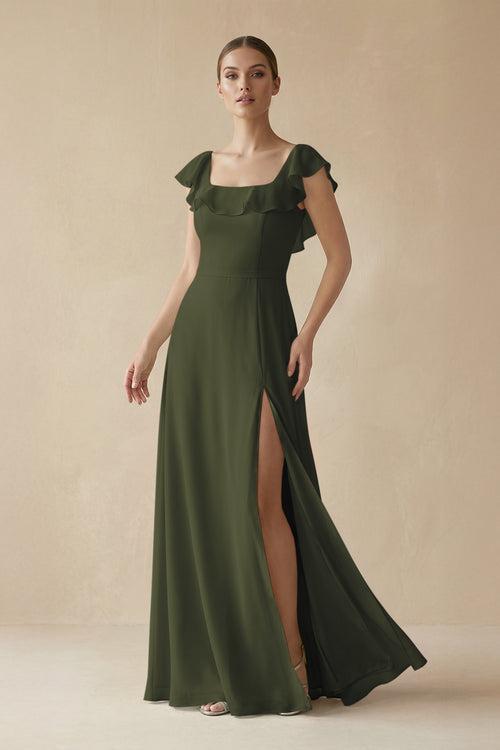 Olive Square Neck A-Line Bridesmaid Dress with Ruffles | KISSBRIDAL