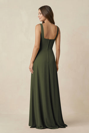 Olive Square Neck A-Line Bridesmaid Dress With Slit (2) | KISSBRIDAL
