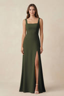 Olive Square Neck A-Line Bridesmaid Dress With Slit | KISSBRIDAL
