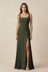 Olive Square Neck A-Line Bridesmaid Dress With Slit | KISSBRIDAL