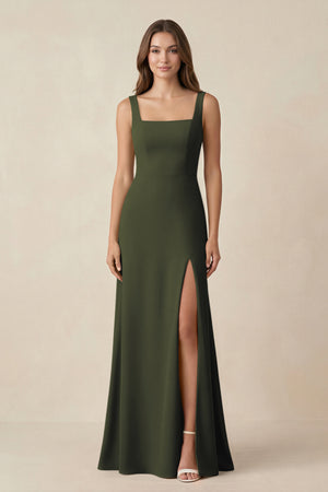 Olive Square Neck A-Line Bridesmaid Dress With Slit | KISSBRIDAL