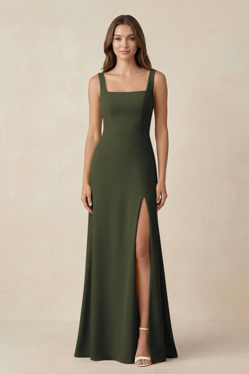 Olive Square Neck A-Line Bridesmaid Dress With Slit | KISSBRIDAL
