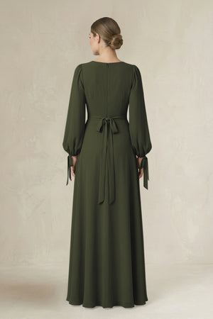 Olive Square Neck Long Sleeve A-Line Chiffon Bridesmaid Dress in Olive (2) | KISSBRIDAL