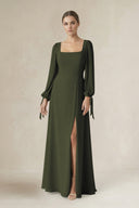 Olive Square Neck Long Sleeve A-Line Chiffon Bridesmaid Dress in Olive | KISSBRIDAL