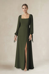 Olive Square Neck Long Sleeve A-Line Chiffon Bridesmaid Dress in Olive | KISSBRIDAL