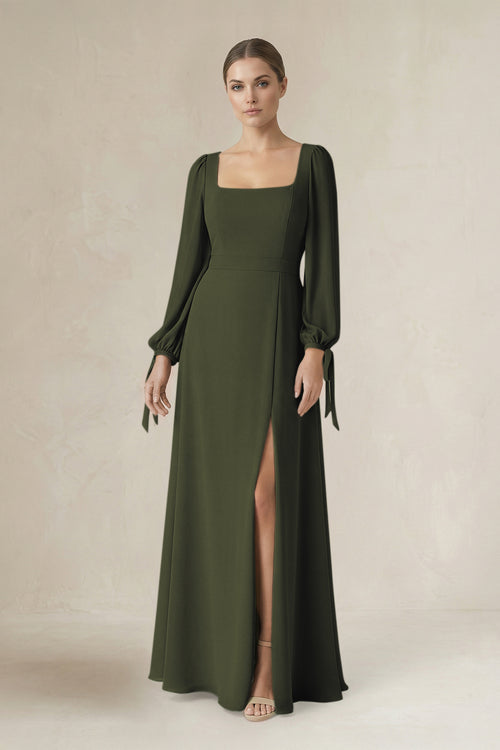 Olive Square Neck Long Sleeve A-Line Chiffon Bridesmaid Dress in Olive | KISSBRIDAL