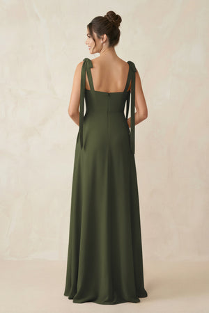 Olive Square Neck Sheath Chiffon Bridesmaid Dress with Bow (2) | KISSBRIDAL
