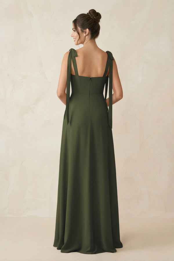 Olive Square Neck Sheath Chiffon Bridesmaid Dress with Bow (2) | KISSBRIDAL