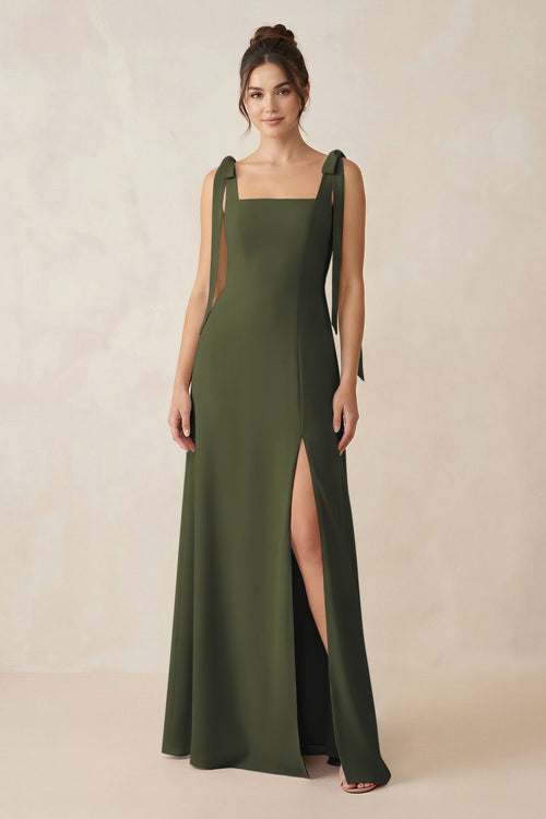 Olive Square Neck Sheath Chiffon Bridesmaid Dress with Bow | KISSBRIDAL