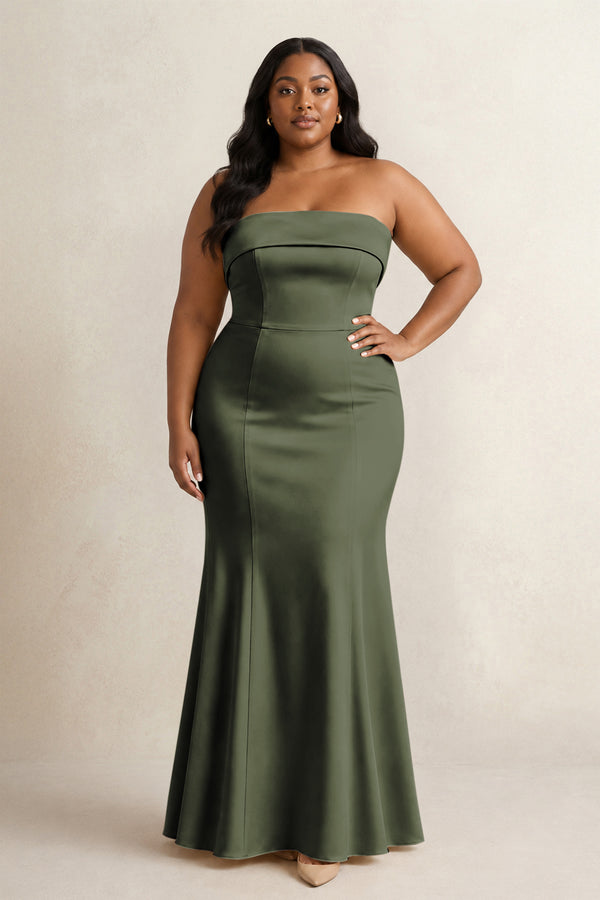 Olive Strapless Satin Mermaid Bridesmaid Dress (3) [sizeplus] | KISSBRIDAL
