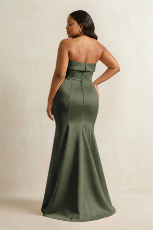 Olive Strapless Satin Mermaid Bridesmaid Dress (4) [sizeplus] | KISSBRIDAL
