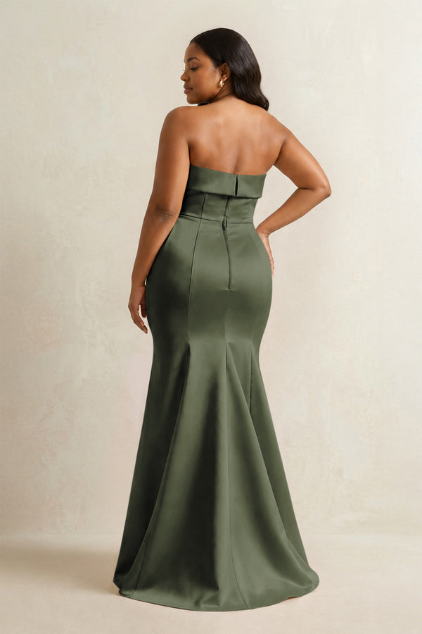 Olive Strapless Satin Mermaid Bridesmaid Dress (4) [sizeplus] | KISSBRIDAL