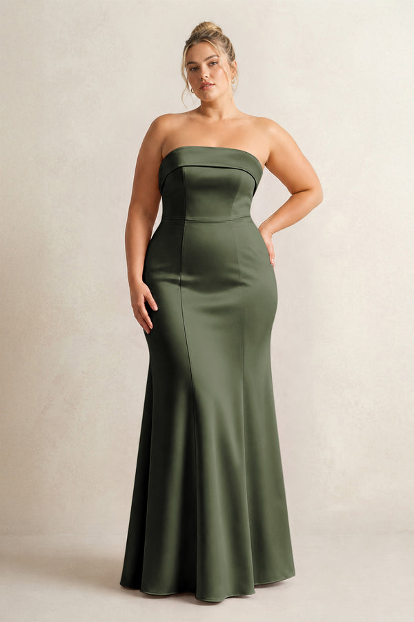 Olive Strapless Satin Mermaid Bridesmaid Dress [sizeplus] | KISSBRIDAL