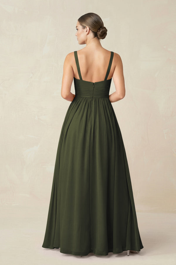 Olive Sweetheart A-Line Chiffon Bridesmaid Dress with Slit in Olive (2) | KISSBRIDAL