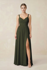 Olive Sweetheart A-Line Chiffon Bridesmaid Dress with Slit in Olive | KISSBRIDAL