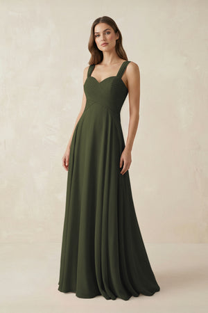 Olive Sweetheart Pleated A-Line Chiffon Bridesmaid Dress | KISSBRIDAL