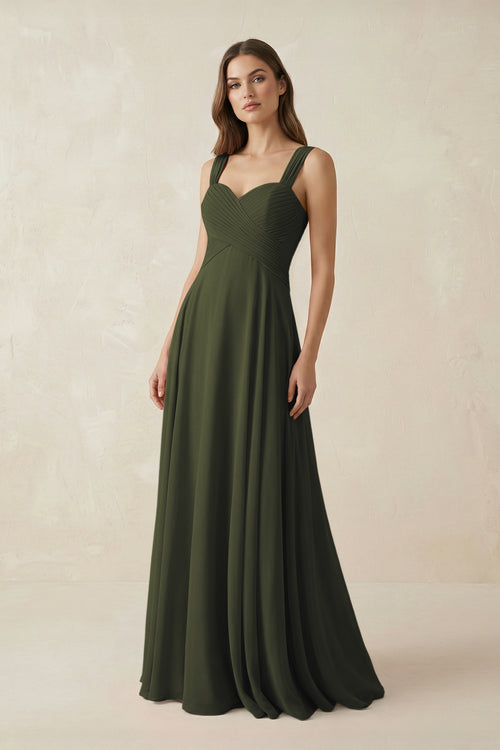 Olive Sweetheart Pleated A-Line Chiffon Bridesmaid Dress | KISSBRIDAL