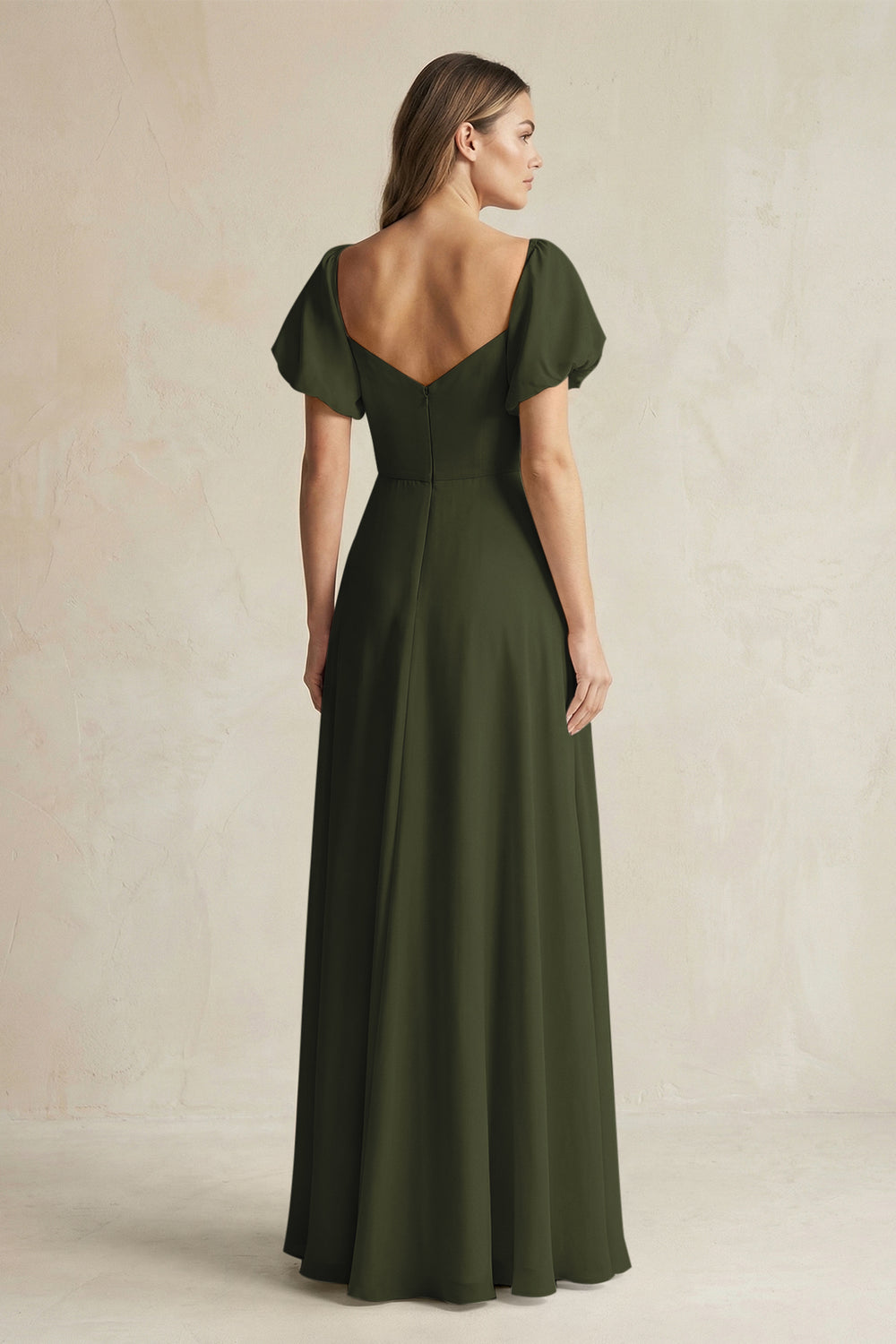 Sweetheart Puff Sleeve A-Line Chiffon Bridesmaid Dress in Olive