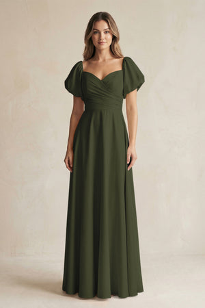 Olive Sweetheart Puff Sleeve A-Line Chiffon Bridesmaid Dress | KISSBRIDAL