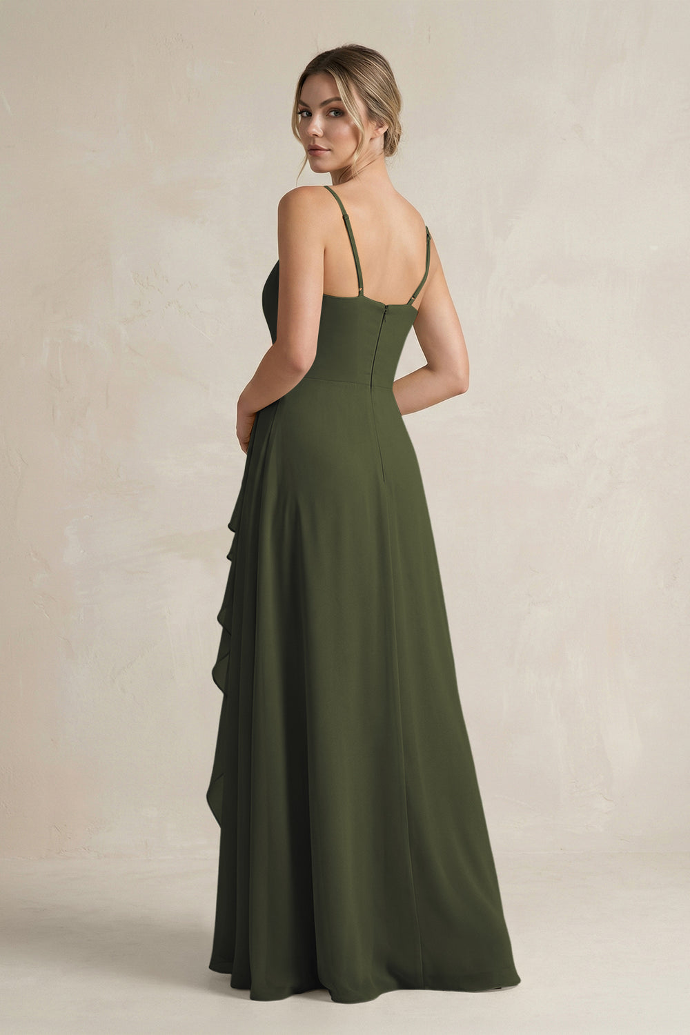 Sweetheart Ruffled A-Line Chiffon Bridesmaid Dress with Slit in Olive