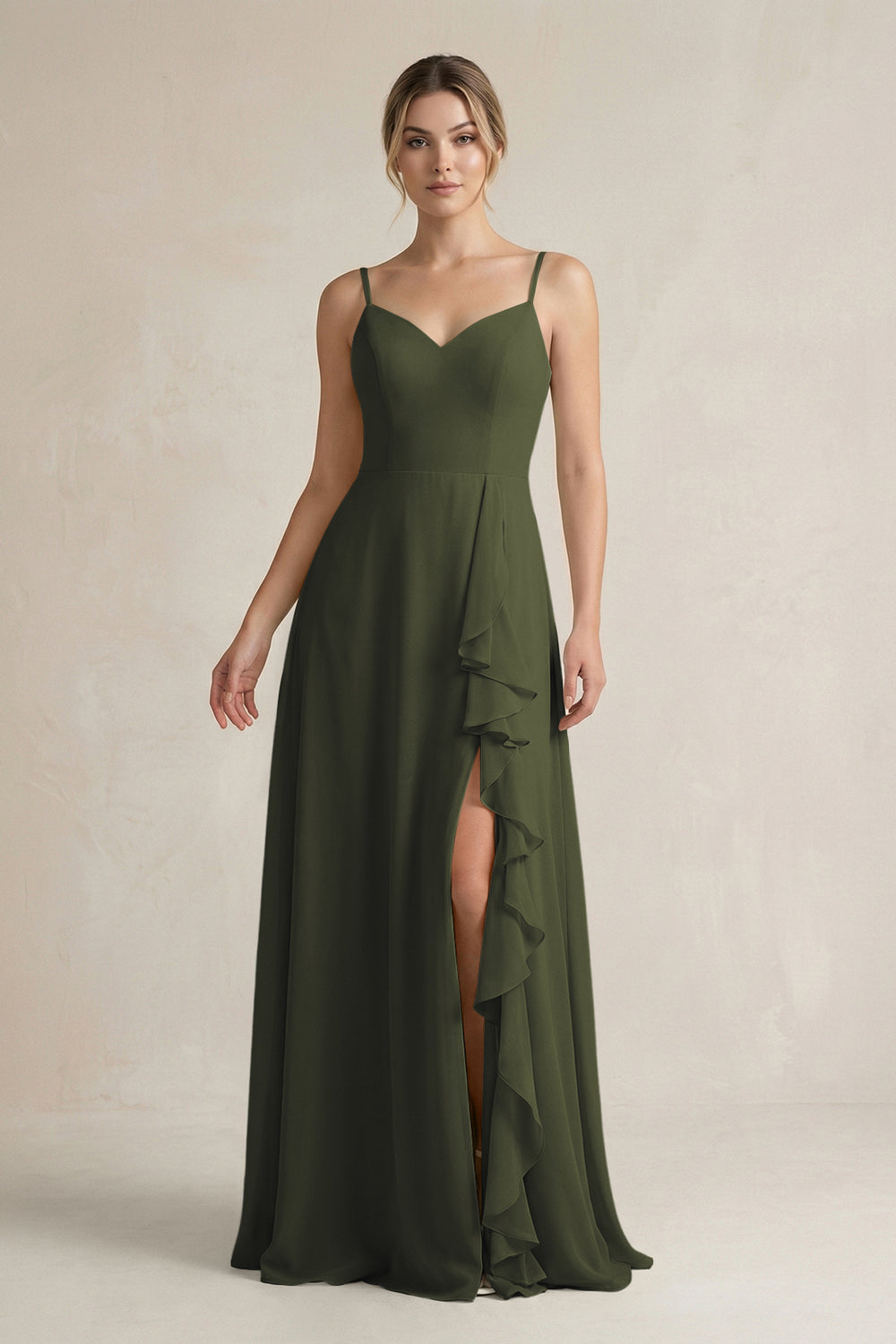 Sweetheart Ruffled A-Line Chiffon Bridesmaid Dress with Slit in Olive