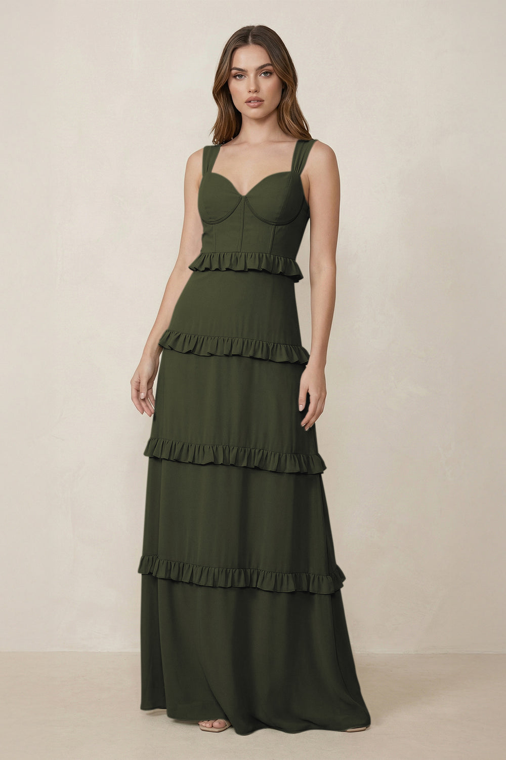 Sweetheart Tiered A-Line Chiffon Bridesmaid Dress in Olive