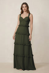 Olive Sweetheart Tiered A-Line Chiffon Bridesmaid Dress | KISSBRIDAL