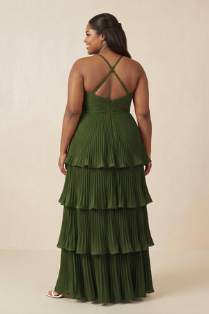 Olive Tiered Pleated V-Neck A-Line Chiffon Bridesmaid Dress (2) | KISSPROM