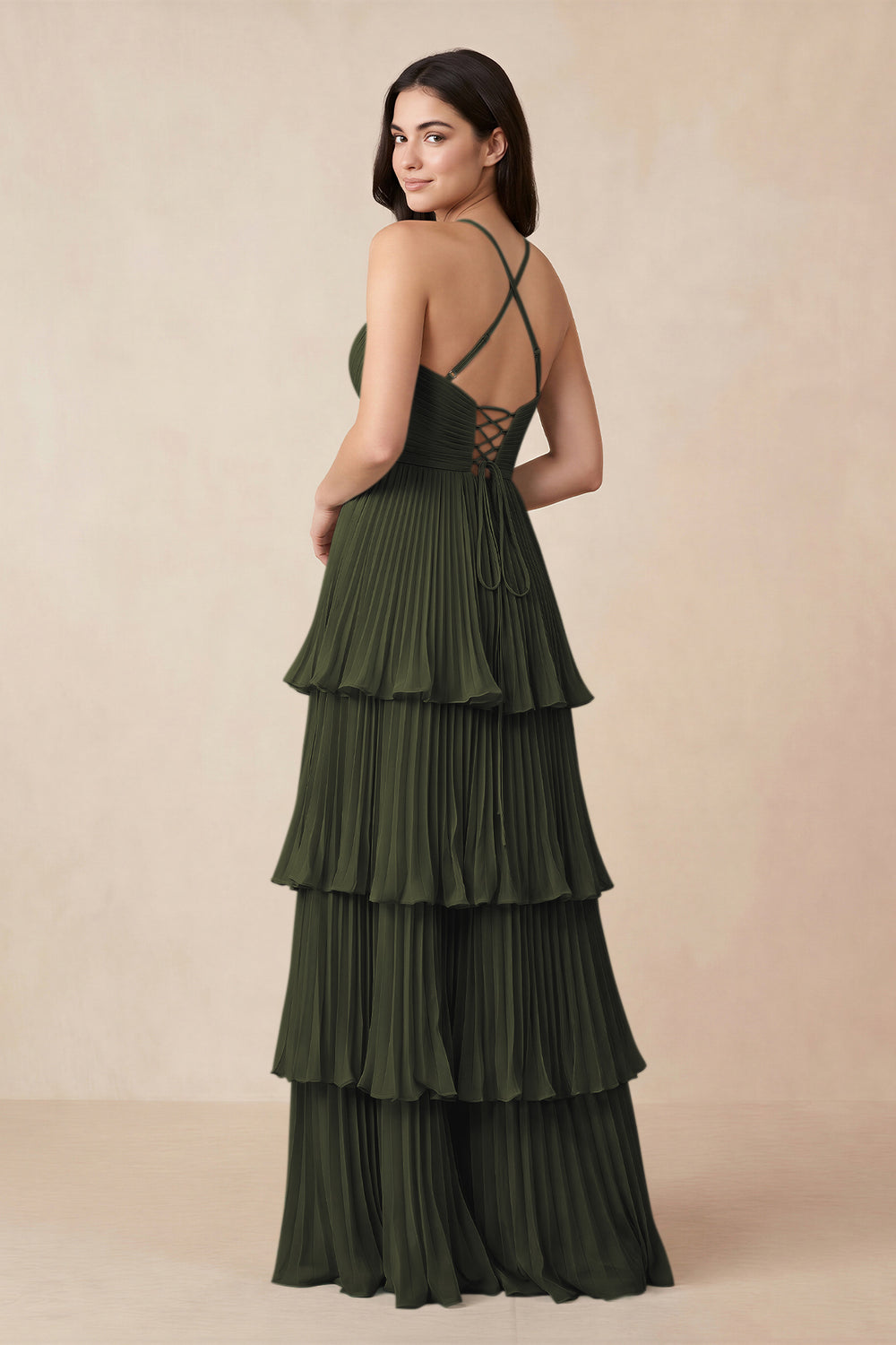 Tiered Pleated V-Neck A-Line Chiffon Bridesmaid Dress in Olive