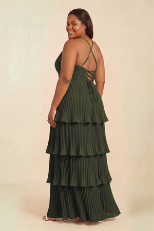 Olive Tiered Pleated V-Neck A-Line Chiffon Bridesmaid Dress (2) [sizeplus] | KISSBRIDAL