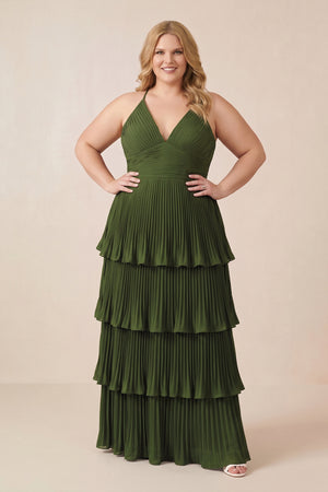 Olive Tiered Pleated V-Neck A-Line Chiffon Bridesmaid Dress (3) | KISSPROM