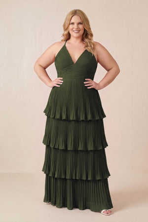Olive Tiered Pleated V-Neck A-Line Chiffon Bridesmaid Dress (3) [sizeplus] | KISSBRIDAL