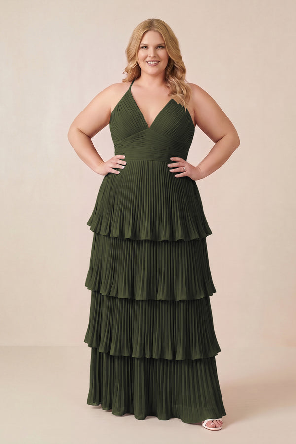 Olive Tiered Pleated V-Neck A-Line Chiffon Bridesmaid Dress (3) [sizeplus] | KISSBRIDAL