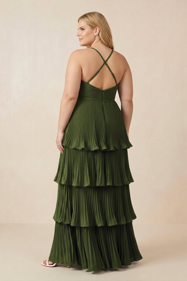 Olive Tiered Pleated V-Neck A-Line Chiffon Bridesmaid Dress (4) | KISSPROM
