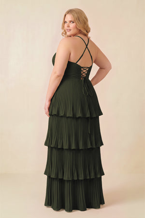 Olive Tiered Pleated V-Neck A-Line Chiffon Bridesmaid Dress (4) [sizeplus] | KISSBRIDAL