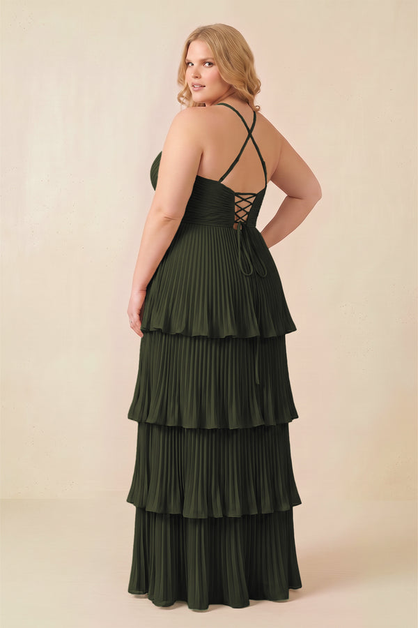 Olive Tiered Pleated V-Neck A-Line Chiffon Bridesmaid Dress (4) [sizeplus] | KISSBRIDAL