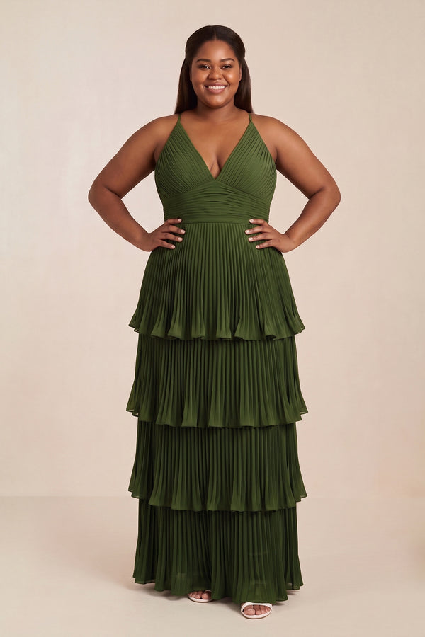 Olive Tiered Pleated V-Neck A-Line Chiffon Bridesmaid Dress | KISSPROM
