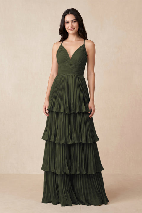 Olive Tiered Pleated V-Neck A-Line Chiffon Bridesmaid Dress | KISSBRIDAL