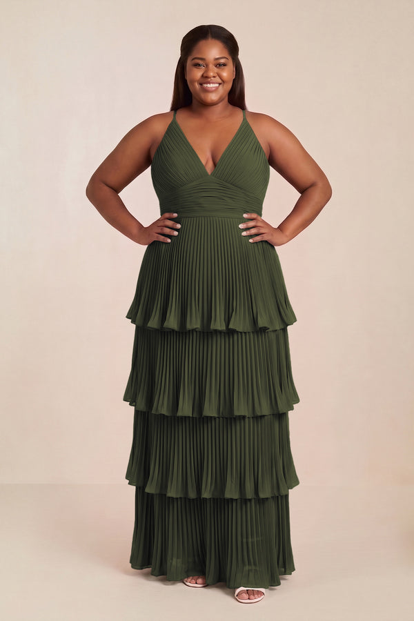 Olive Tiered Pleated V-Neck A-Line Chiffon Bridesmaid Dress [sizeplus] | KISSBRIDAL