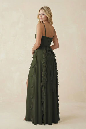 Olive Tiered Ruffle A-Line Chiffon Bridesmaid Dress (2) | KISSBRIDAL